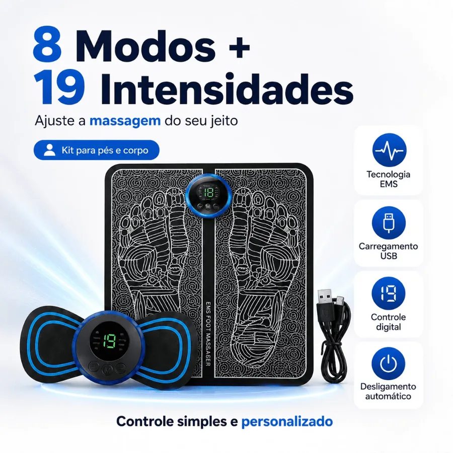 8 modos e 19 intensidades, controle digital e carregamento USB