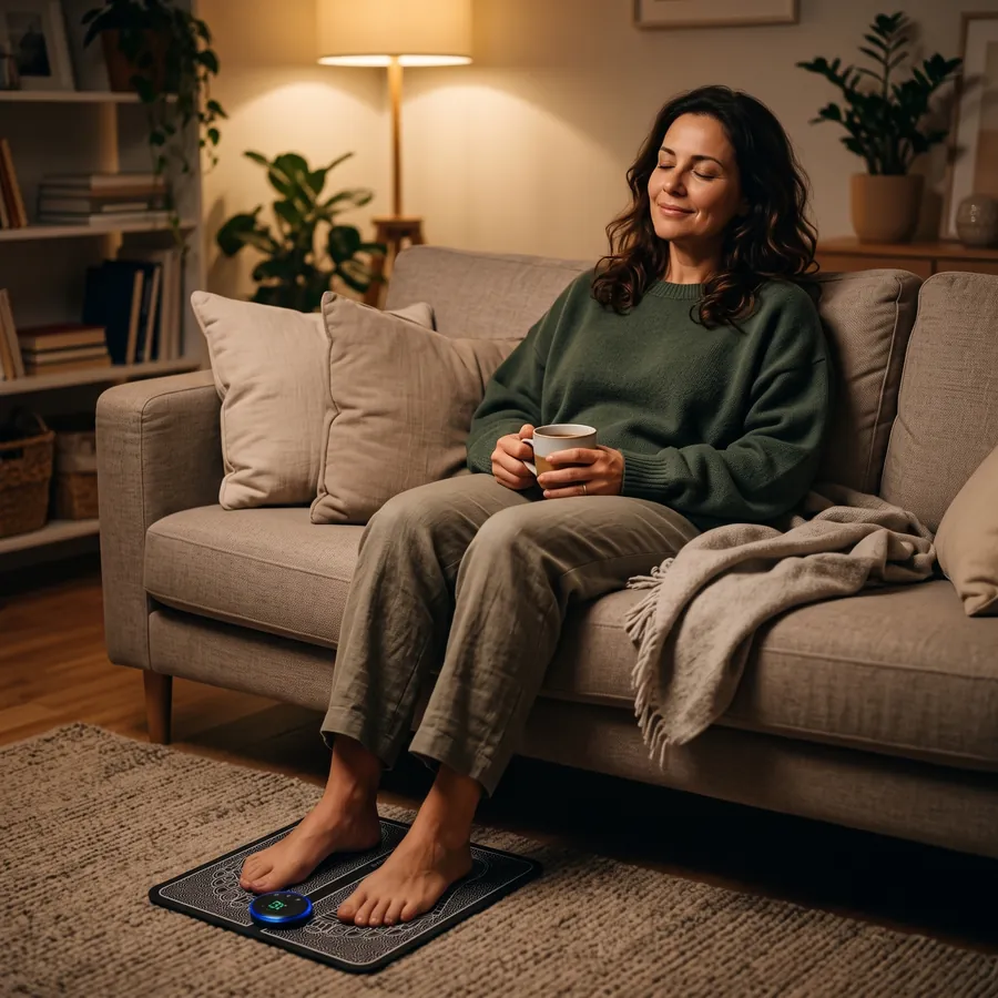 Mulher relaxada no sofá, tomando chá, com os pés no tapete massageador